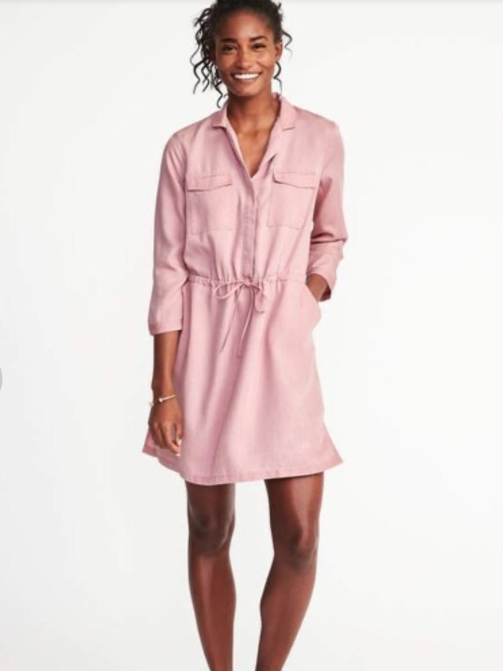 Old Navy Women’s Dusty Pink Tencel Tie-Belt Long-Sleeve Utility Shirt Dress NWT